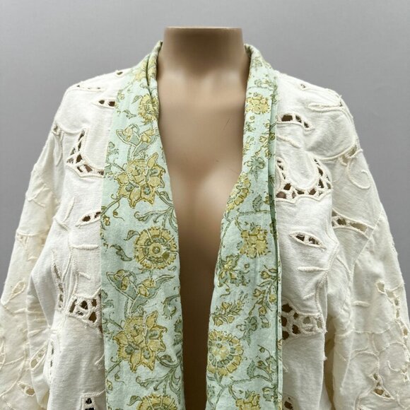 Anthropologie Floreat Boho Lace Kimono Laser Cut Linen Cotton White Green‎ OS - Picture 7 of 14
